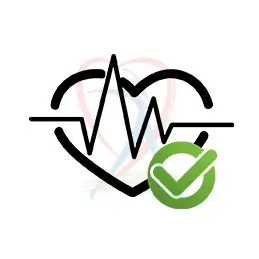 arte com um coração e um batimento de eletrocardiograma passando por cima, com um ícone verde de check