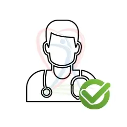 arte com um médico, com um ícone verde de check