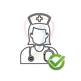 arte com uma médica, com um ícone verde de check
