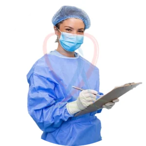 imagem de uma cirurgiã com toca, luvas, máscara e roupas para uma cirurgia